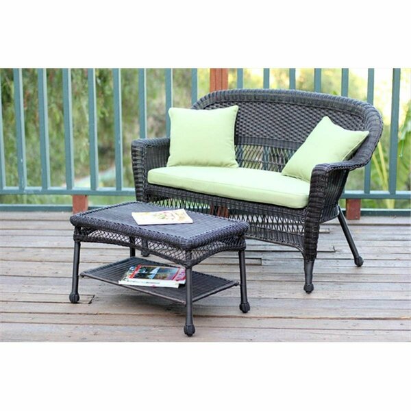 Jeco Espresso Wicker Patio Love Seat And Coffee Table Set With Green Cushion W00201-LCS029